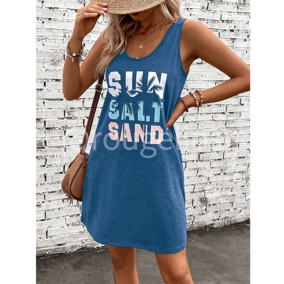 Blue Tank Mini Dress Tropical Graphic Letter Print - Picture 12 of 13